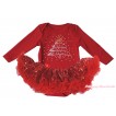 Christmas Red Long Sleeve Bodysuit Bling Red Sequins Pettiskirt & Sparkle Rhinestone Christmas Tree Print JS4880